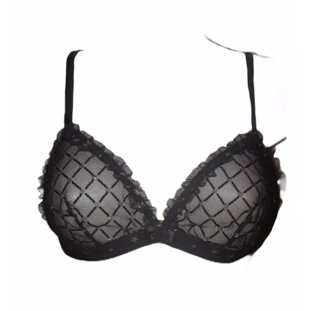 Morgan Lane Black Tulle Gold Glitter Dot Bra Size Small